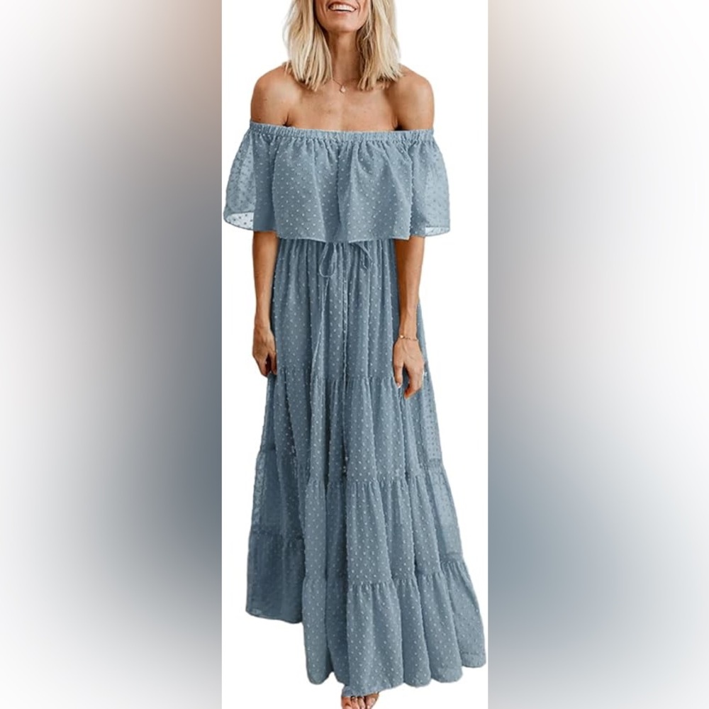 OFF SHOULDER, Swiss Dot, Boho Maxi Dress.  XL Light  Blue worn once. - Picture 2 of 2